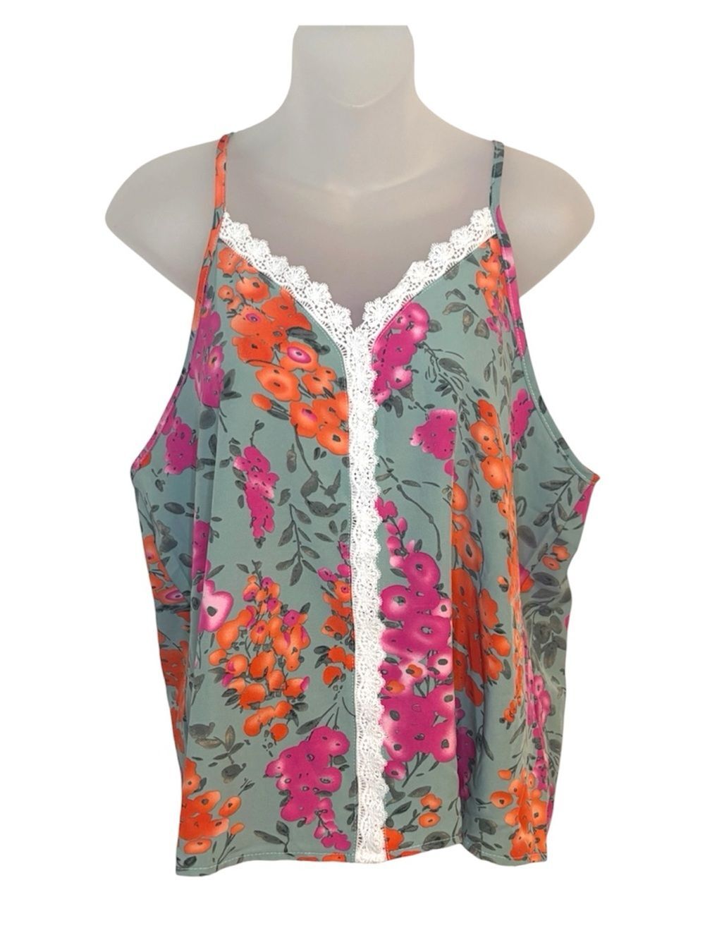 SHEIN XL Floral Lace Trim Cami Tank Top Sage Pink Orange Flowy Racerback